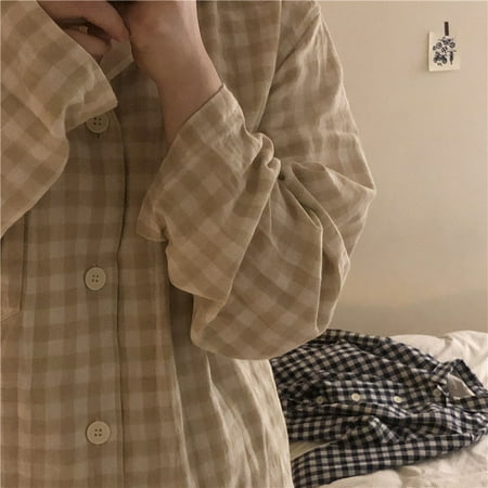 

Plaid Casual Pajama Sets Women Single Breasted Ins Japan Turn-down Collar Nightwear Spring Fall Elastic Waist Homewear New Mujer