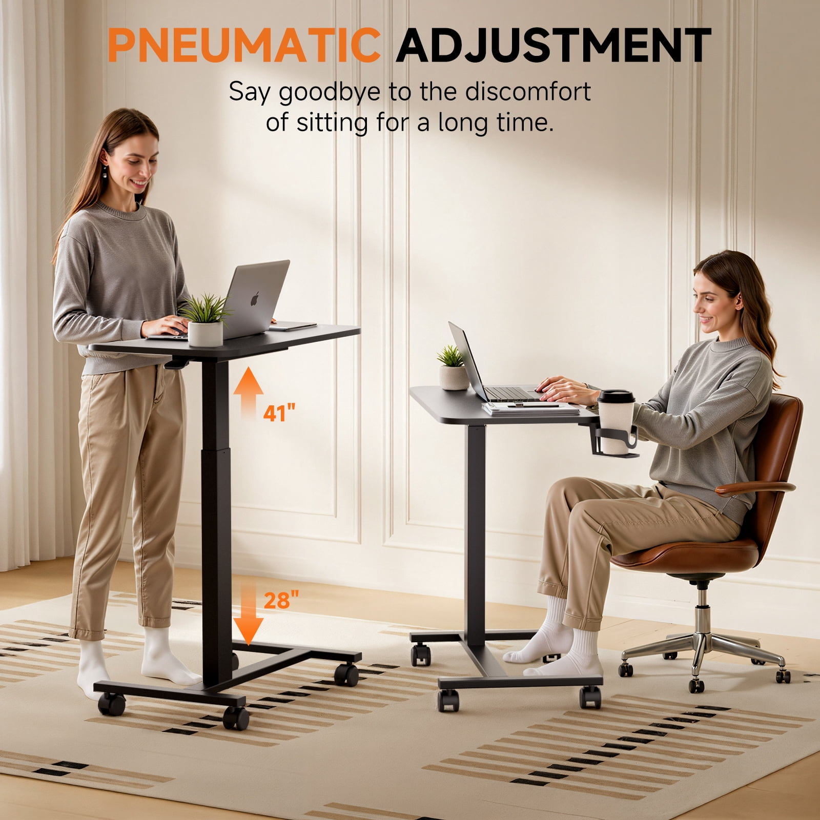 EXRACING Pneumatic Standing Overbed Desk with Lockable Wheels, Height Adjustable Rolling Laptop Table for Home & Hospital, Black