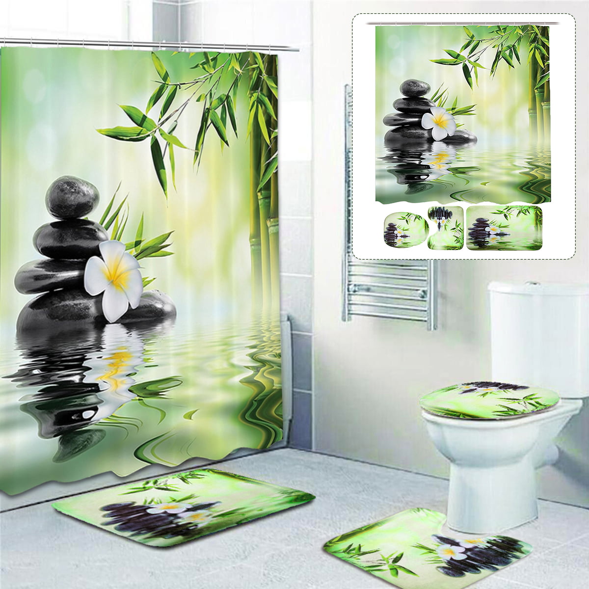 Waterproof Fabric Green Eyed Cat Shower Curtain Liner Bathroom Decor 12Hooks Set 