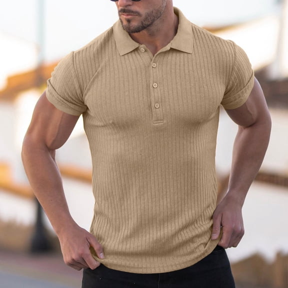 SGFCWSX Golf Polo Shirts for Men Lightweight Ribbed Knit Short Sleeve Slim Fit Casual Business Top Khaki Size 2XL