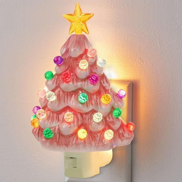 Pink Christmas Tree Night Light, Decorative Ceramic Xmas Tree Nightlight with Lamp for Kids, Multicolor Bulbs & 360 Degree Swivel Plug with On/Off Switch for Kitchen Bathroom Bedroom Decor