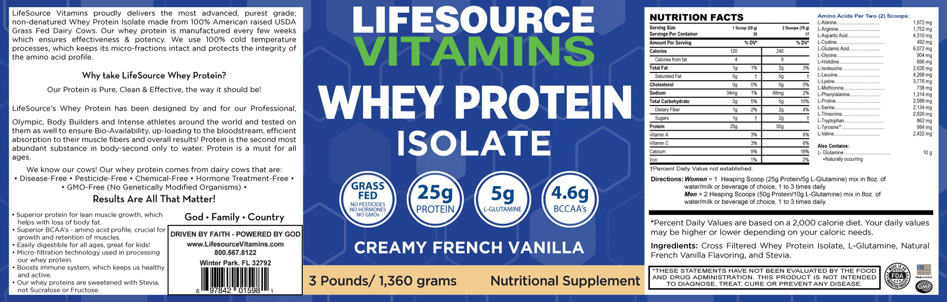 LifeSource Vitamins 3lb Grass Fed Whey Protein Isolate -Creamy French Vanilla w/ Stevia
