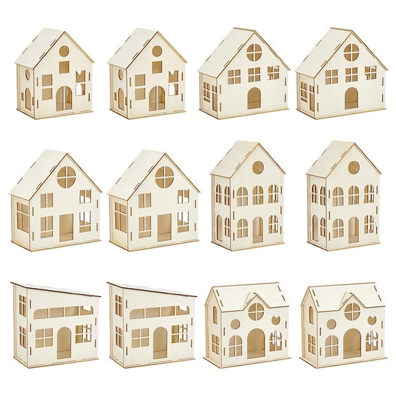 12pcs DIY Christmas Village Sets Unfinished Wooden Houses for Crafts 6 Styles Mini Unassembled House for Indoor Room Landscape Holiday Party Desktop Decoration DIY