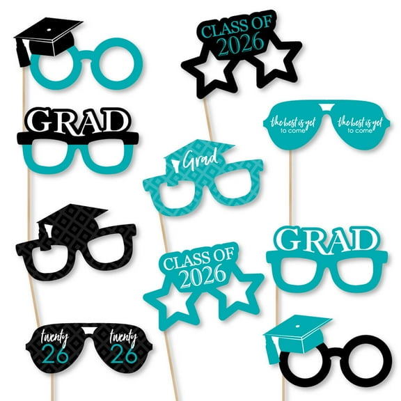 Big Dot of Happiness 2026 Teal Graduation Glasses - Paper Card Stock Party Photo Booth Props Kit - 10 Count