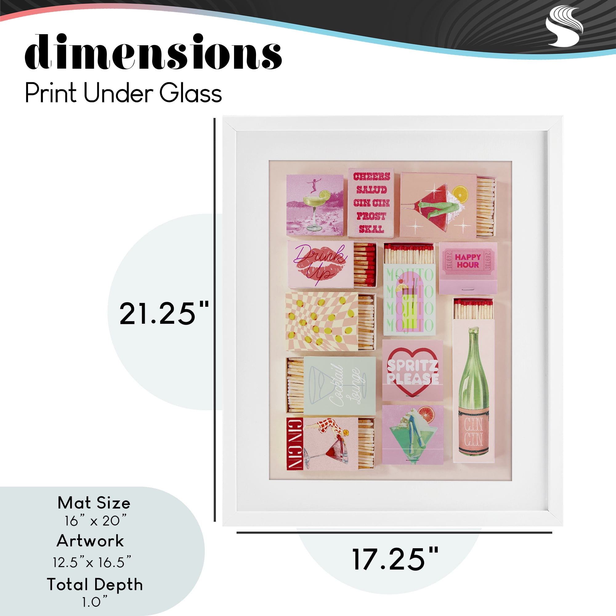 Glam Cocktails Retro Matches White Framed Print Under Glass, design by Lil' Rue
