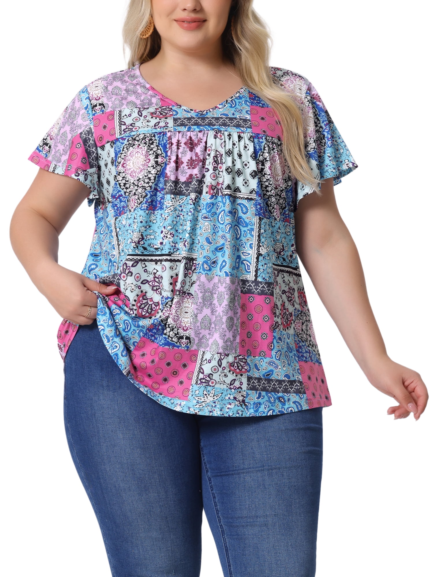 Agnes Orinda Plus Size Women's Summer Top - Square Neck Short Sleeve Ruffle Hem Blouse