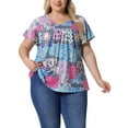 thumbnail image 1 of Blusas de verano casuales de mujer plus size con flores, volantes y pliegues, cuello en V, manga corta, 4X, azul y rosa, 1 of 6