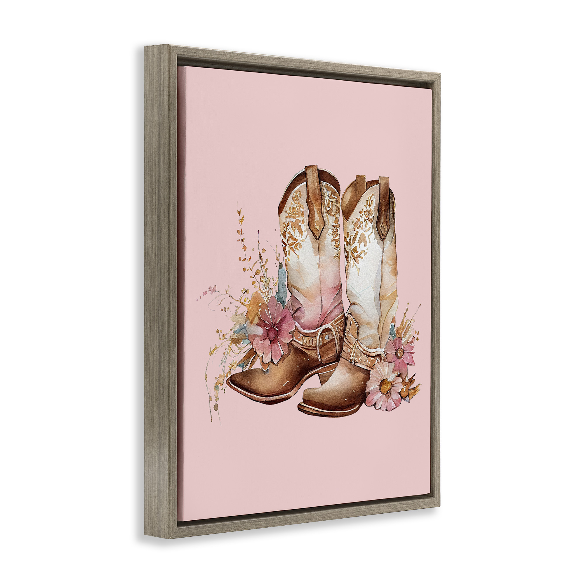 Stupell Industries Floral Pink Cowgirl Boots Beauty & Fashion Painting Brown Floater Framed Canvas Art Print Wall Art, 17 x 21