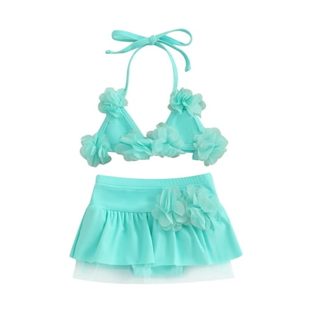 

Qtinghua 2Pcs Infant Baby Girls Swimsuit Bikini Set Halter Neck 3D Flower Tie Up Tops+Elastic Waist Shorts Sheer Mesh Bathing Suit Green 18-24 Months