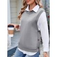 thumbnail image 4 of Womens Crew Neck Bowknot Solid Color Button Side Slit Pullover Tops 2025 Cute Knitted Fashion Sweaters Grey XL, 4 of 7