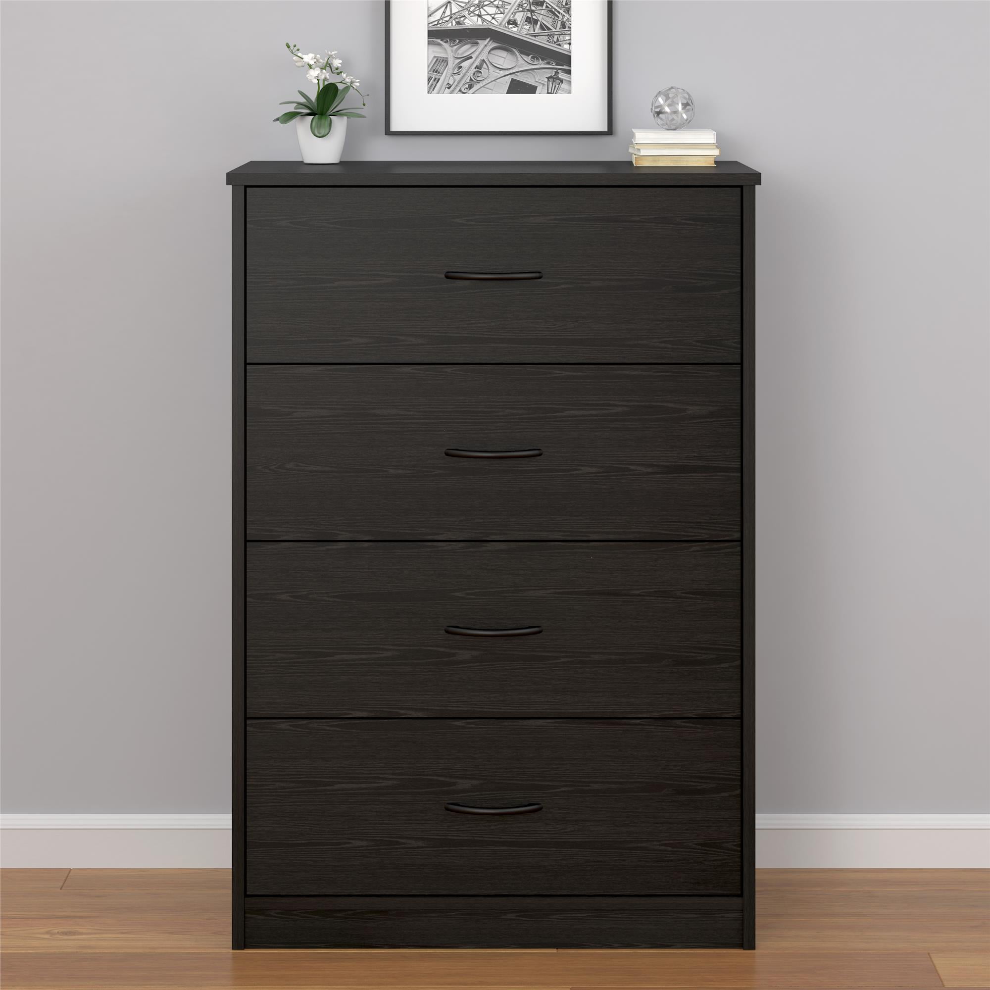 4 Drawer Dresser Black Oak College Dorm Wood Grain Bedroom Storage