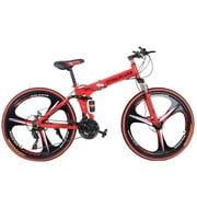 Umfun Adult Mountain Bike 26 In., Folding 21 Speed Women Bicycle with High Carbon Steel Full Suspension, Double Disc Brake, Red