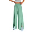 thumbnail image 1 of Pantalones anchos de cintura alta y plisados para mujer: aberturas laterales, poliéster elástico, yoga/entrenamiento/casual, tallas S-XXL, cintura elástica, 105-109 cm de largo, 1 of 5