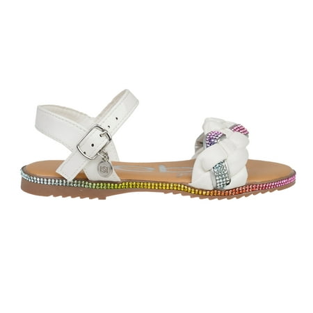 Girl's Studded Leatherette Open-Toe Flat Sandals with Rhinestone and Braided Strap, White Multi Size 4