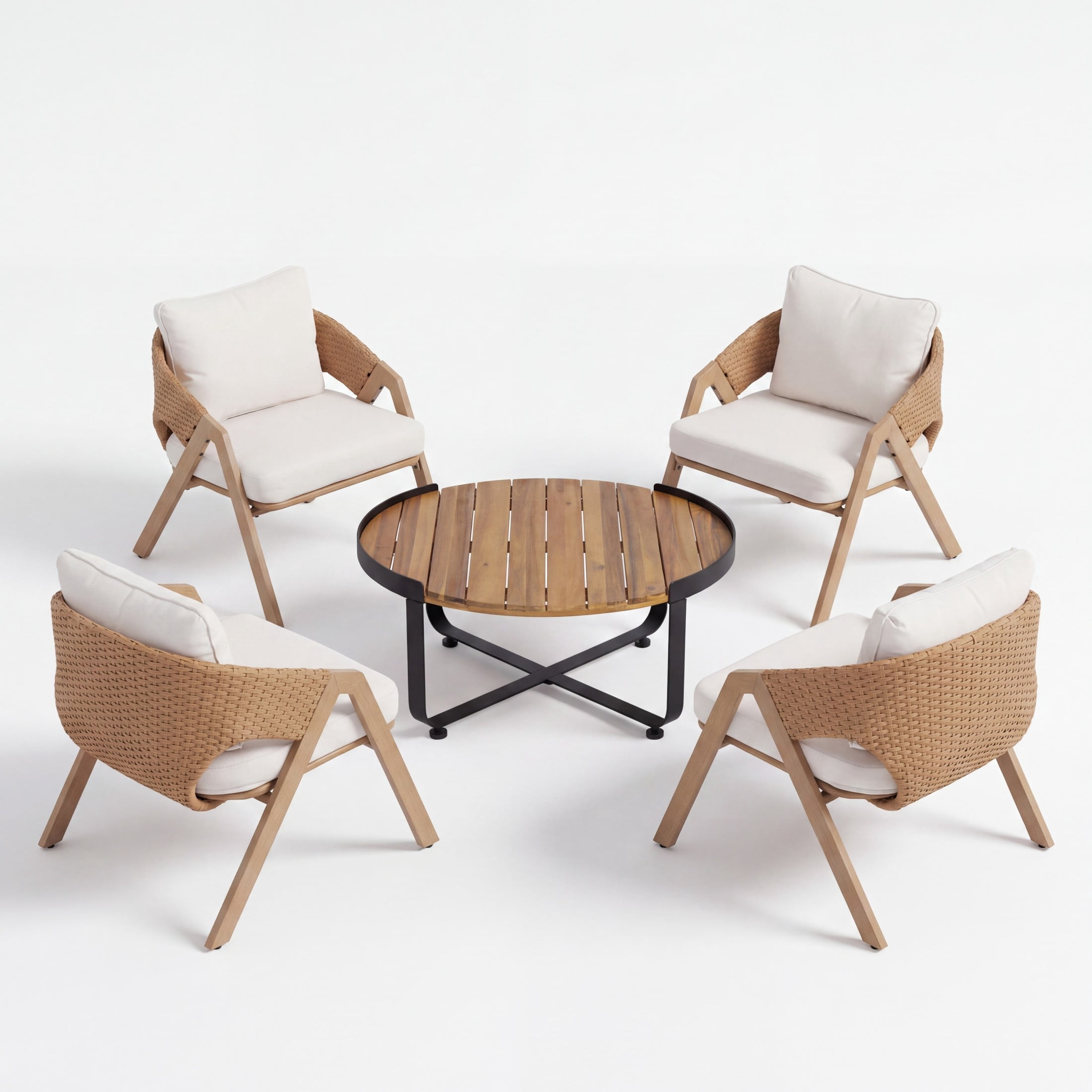 Christopher Knight Home 5-Piece Patio Conversation Set, Rattan Chairs with Wood Table, Teak+White