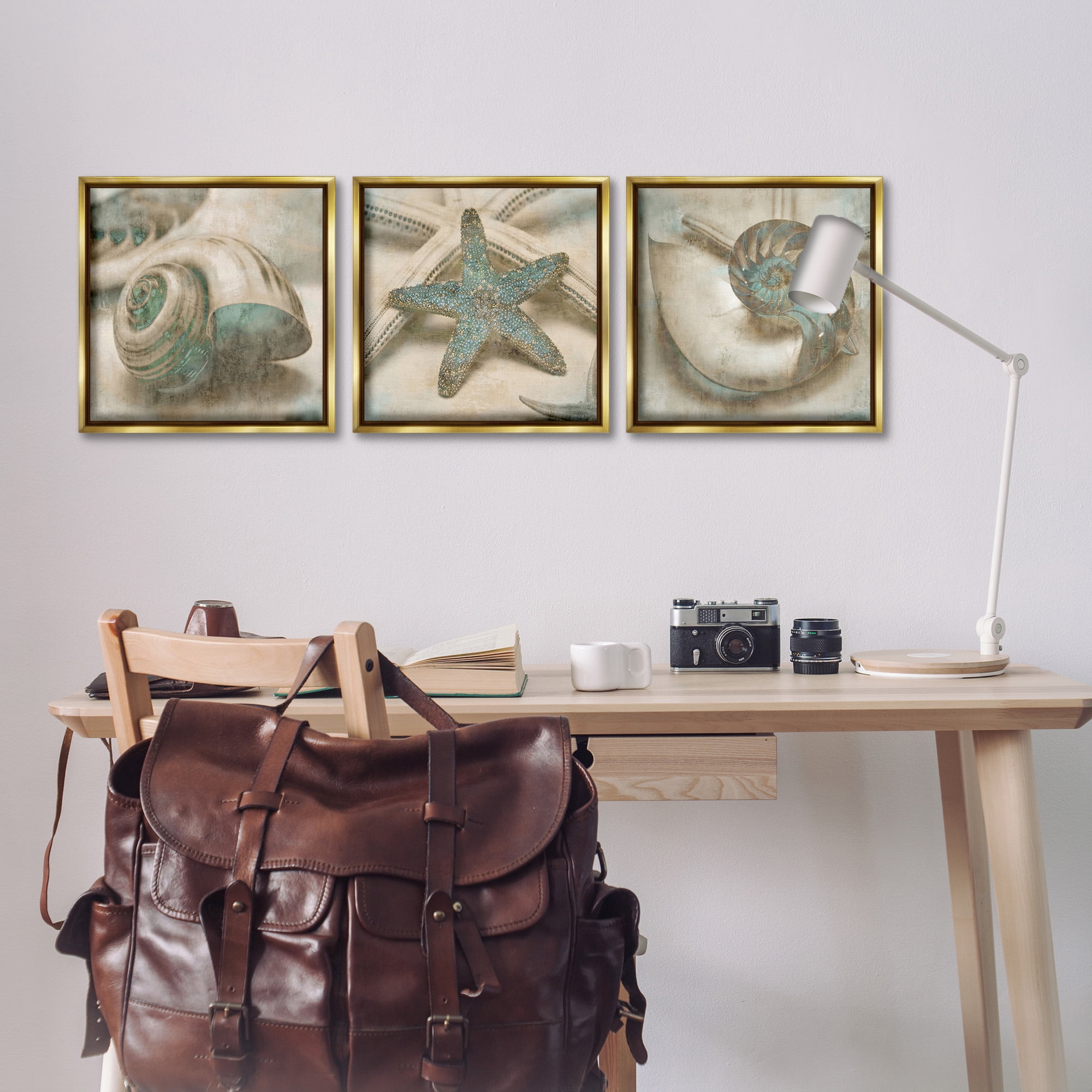 Stupell Industries Starfish & Sea Shells Distressed Nature Painting Gold Floater Framed Canvas Art Print Wall Art, 18 x 18, Set of 3