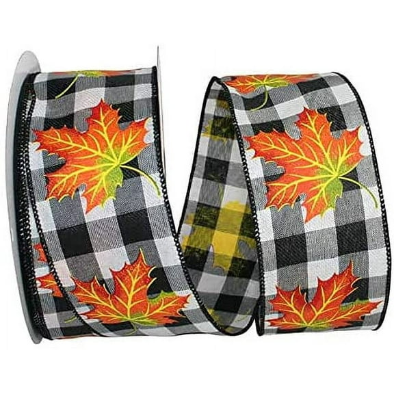 Fall Leaves Buffalo Plaid Ribbon - 2 1/2" x 10 Yards, Wired Edge, Orange Leaf, Black & White Plaid, Halloween, Thanksgiving, Christmas, Rustic, Farmhouse, Fall, Wreath