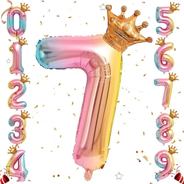 RV Globo de papel de helio con números, globos con números de arcoíris de 32 pulgadas con corona para cumpleaños, decoraciones de fiesta de cumpleaños (#7)