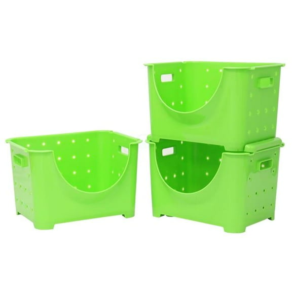 Basicwise QI003215G.3 Stackable Plastic Storage Container&#44; Green - Set of 3