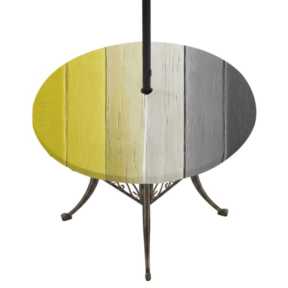 Outdoor Tablecloth with Umbrella Hole and Zipper Yellow Grey Wood Grain Round Fitted Table Cover with Elastic Waterproof Farm Wooden Patio Tablecloths for Picnic BBQS Garden Dinner Party Fit 55"-60"