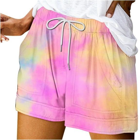 MIUOWANP Women's Elastic Waist Shorts with Pockets Tie-Dyed High-Waist Pants Breathable Casual Shorts Size XL(10)Pink