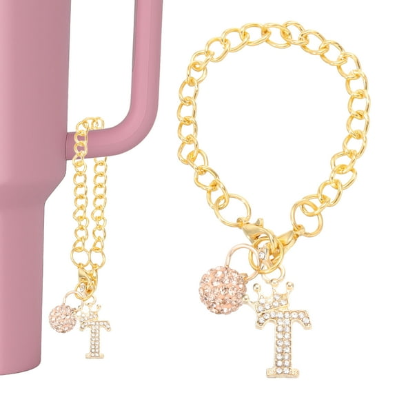 Uxcell Initial Charm Keychain for Cup Holder, Bling Crown Letter T
