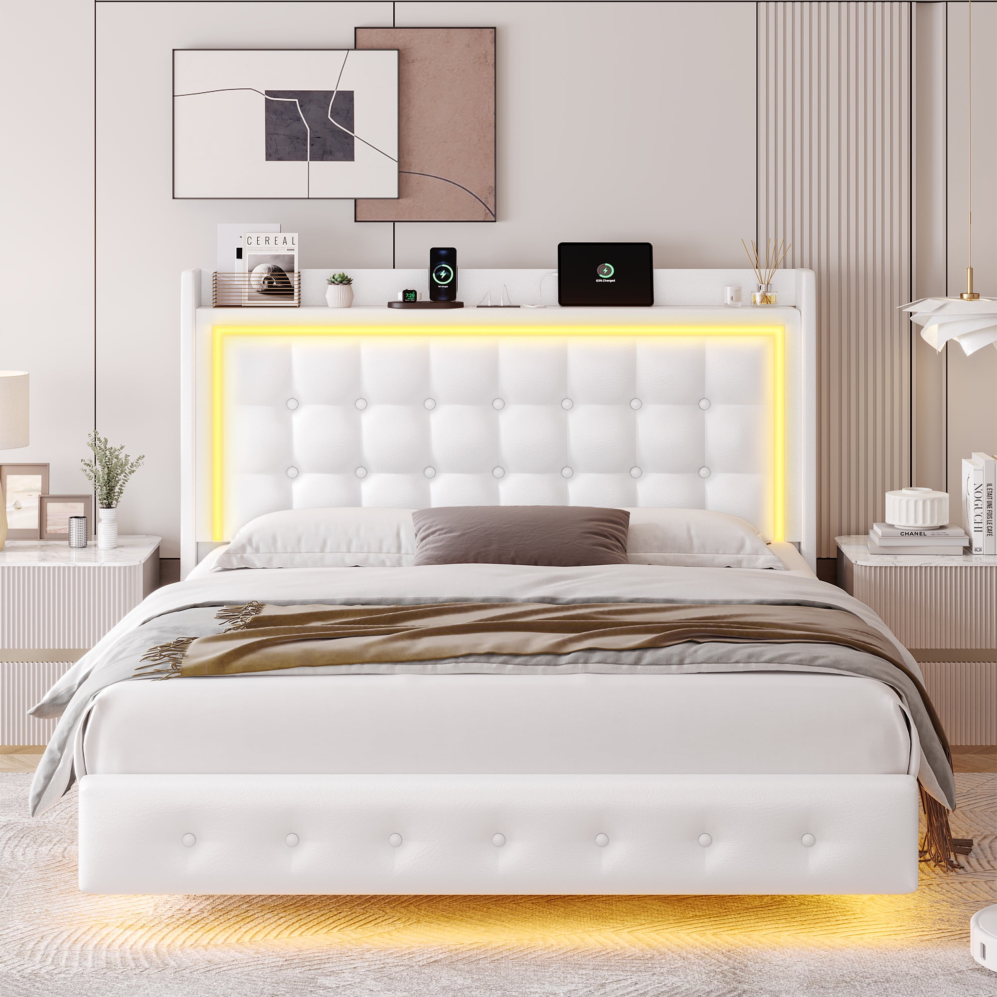 Homfa Full Size Floating Bed with LED Lights Charging Station, Modern PU Upholstered Platform Bed with Storage Headboard, White