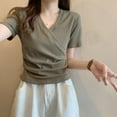 thumbnail image 2 of Women's Summer Short Sleeve Sloping Shoulder Top Shirt Blouse Solid Color Round Neck Loose Fit Casual Daily Wear Vacation Beach Outfits Fashion Essential Gift for Women | Sopatenor,Khaki XL, 2 of 8