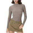 thumbnail image 2 of QIUOMBBP Womens Long Sleeve Mock Neck Shirts Ribbed Slim Fit Turtleneck Lightweight Basic Tee Going Out Tops Khaki XS, 2 of 7
