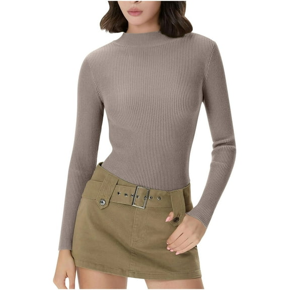Women's Ribbed Long Sleeve Shirts, Crew Neck Slim Fit Tops Stretch Knit Casual Base Layer Basic Tee Shirts