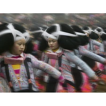 Long Horn Miao Girls in Traditional Costume Dancing at Flower Dance Festival, Guizhou, China Print Wall Art By Keren Su
