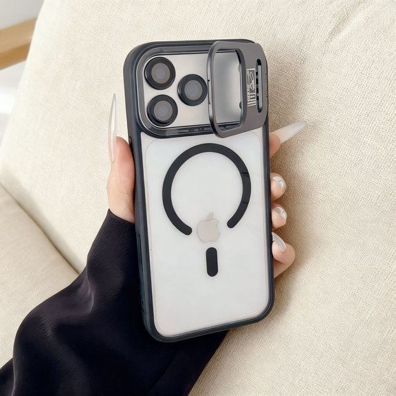 for iPhone 15 Magnetic Case with Stand, Clear Shockproof Wireless Charging Compatible with Kickstand, Camera Lens Protector, Anti-Fingerprint Transparent Drop Protection Phone Cover, Black