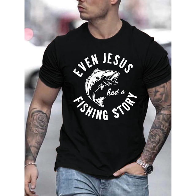 Crew Neck T-Shirt with "Even Jesus Had a Fishing Story" Print, Casual Knit Fabric Tee with Slight Stretch for Summer - Regular Fit