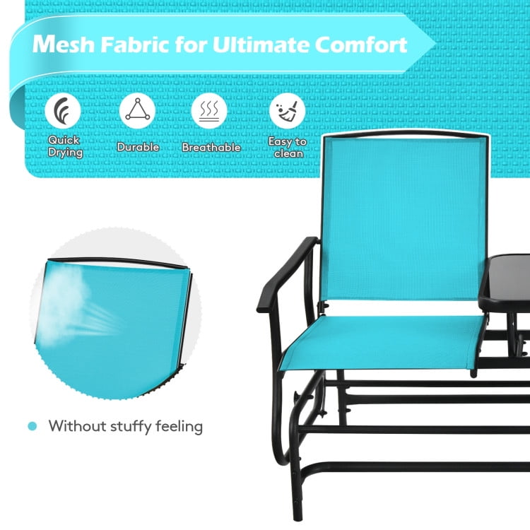 Aimee Lii Outdoor Patio Furniture Set, 2-Person Double Rocking Loveseat with Mesh Fabric and Center Tempered Glass Table, Turquoise