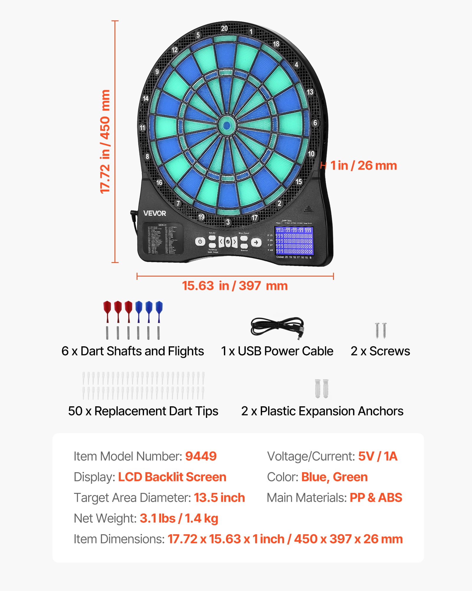 VEVOR Electronic Dart Board,LED-Illuminated Target Dartboard with 48 Games & 500+ Variations,Includes 6 Dart Shafts with Flights & 50 Soft Tips,Cricket Scoring LCD Screen - Supports Up to 8 Players