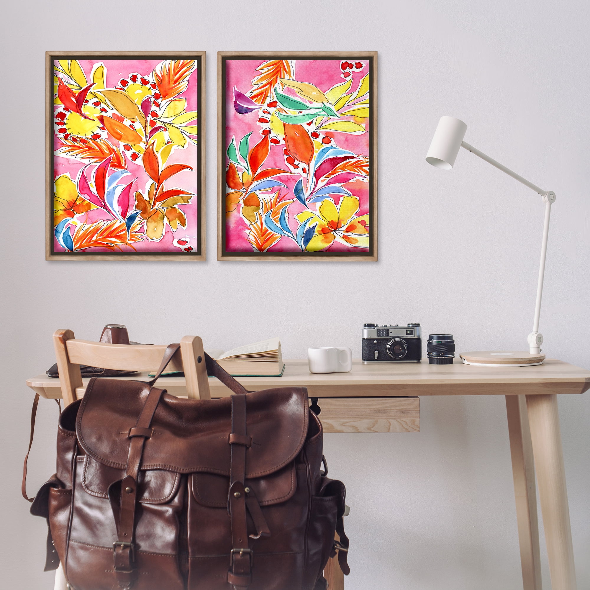 Stupell Industries Whimsical Leaf Impressions Plants & Flowers Painting Brown Floater Framed Canvas Art Print Wall Art, 21 x 31, Set of 2