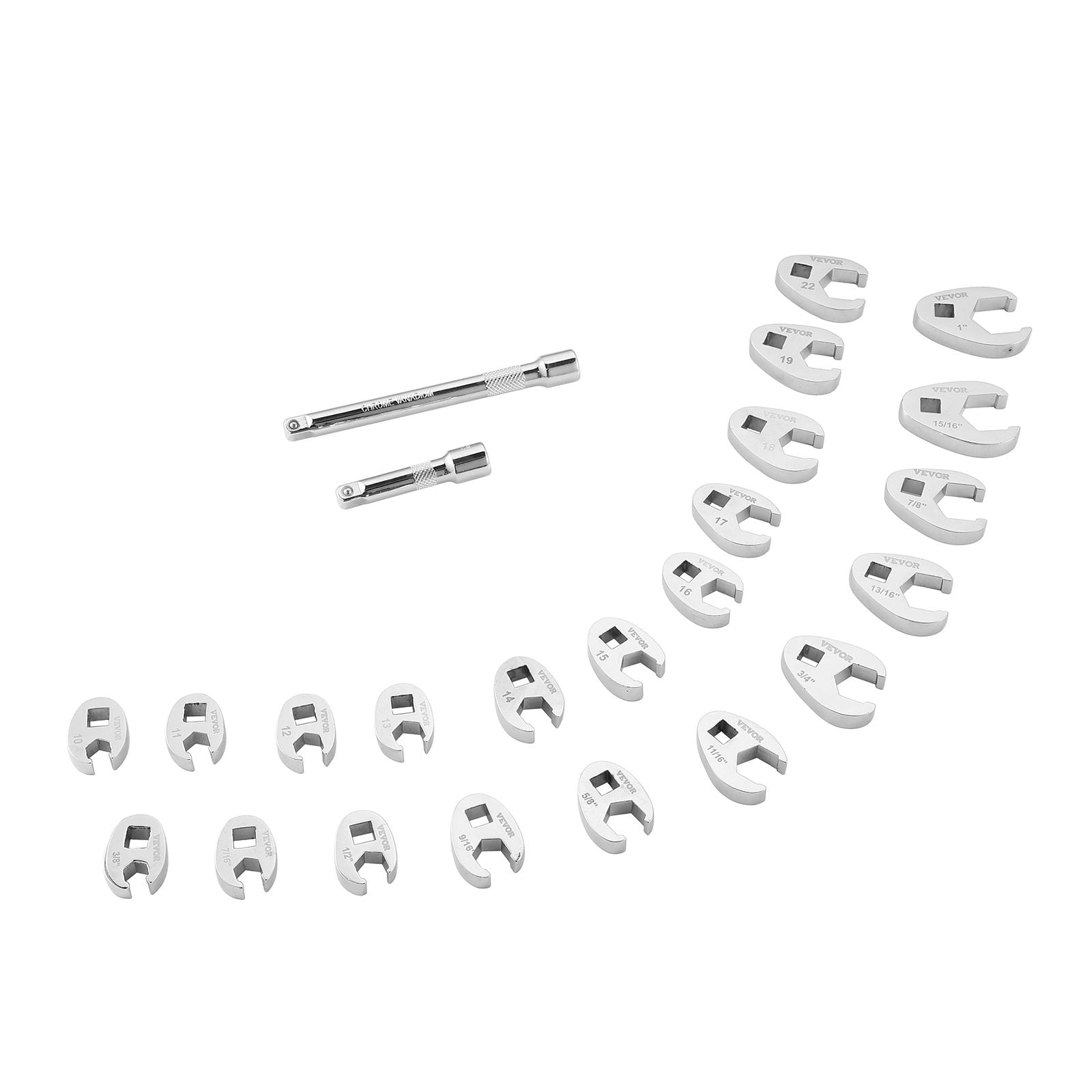Crowfoot Wrench Set 22-Piece 11 Metric + 11 SAE 3/8" Drive CR-MO Steel Chrome-Plated EVA Tray for Automotive Repair