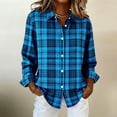 thumbnail image 3 of AKOEE Button Up Plaid Shirts Women Linen Blend Long Sleeve Collared Blouses Dressy Casual Fall Spring Tops, Blue XL, 3 of 5