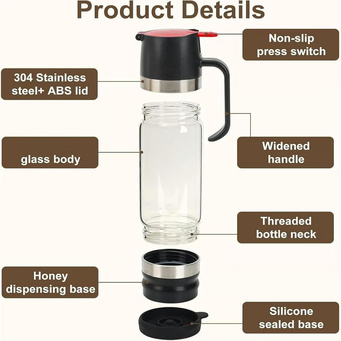 2026 Boutique Kitchen Tool - No-Drip Honey Dispenser, Glass Honey Dispenser with Stand No Drip, Press Type Drip Dispenser for Honey, Coffee Syrup, Chocolate Sauce (2pcMix,12)