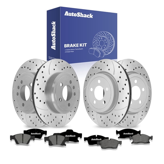 AutoShack Front Vented & Rear Vented Drilled & Slotted Coated Brake Rotors Silver Matte Finish   Premium Ceramic Pads 12-PC Brake Kit Replacement for 2017-2021 Jeep Grand Cherokee TurboGuard