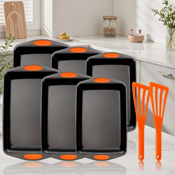 8-Piece Nonstick Kitchen Oven Baking Pans - Premium & Stylish Non-Stick Steel, Commercial Grade Restaurant Quality Metal Bakeware with Orange Silicone Handles - Easy to Clean