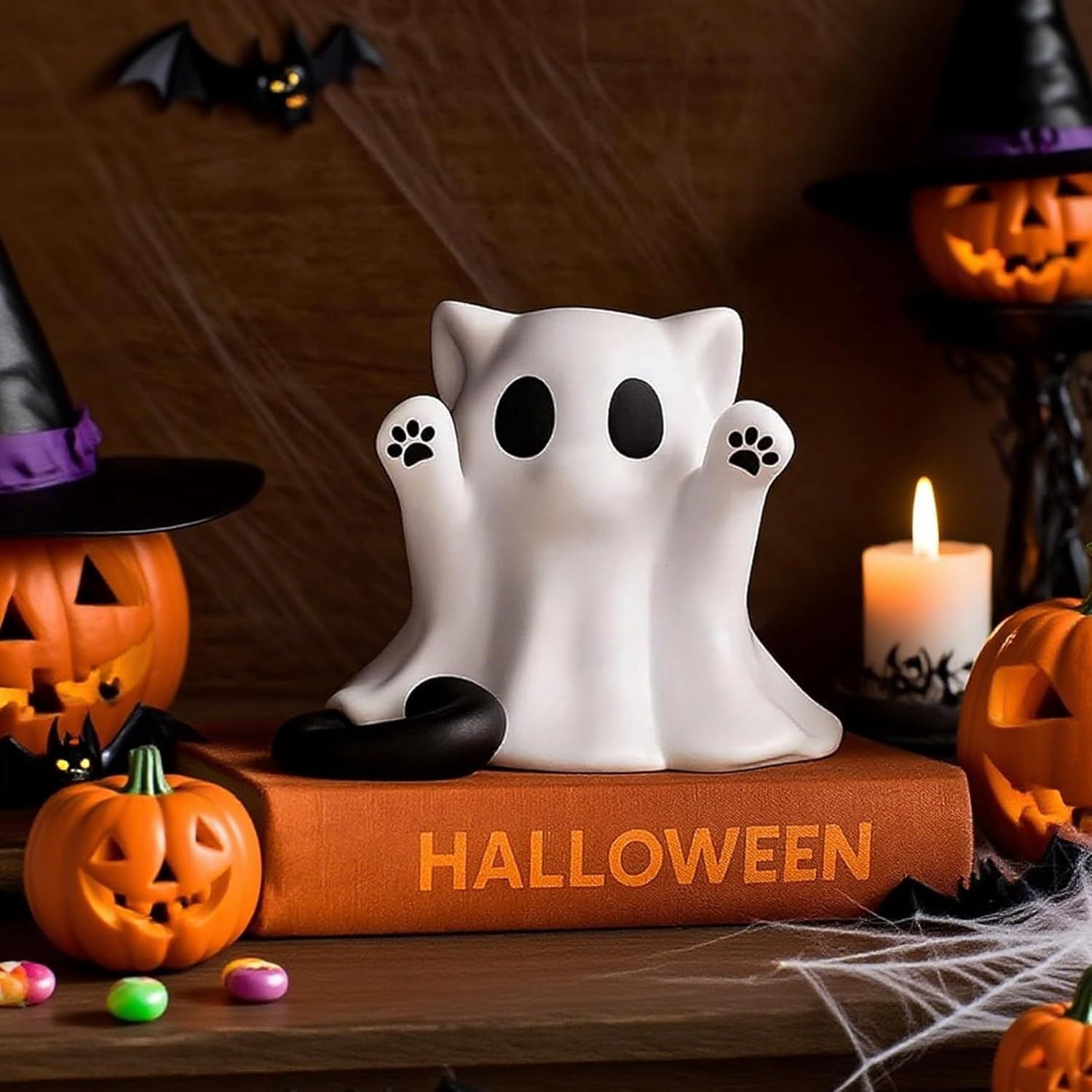 Cat-Shaped Ghost Ornament Mini Resin Figurine for Halloween Table Decor