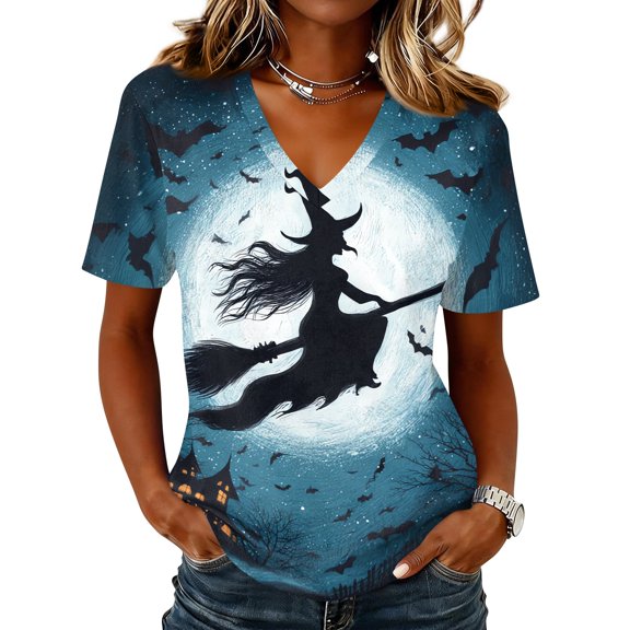 DORKASM Women's Halloween Costumes V Neck Skeleton Loose Tshirt Short Sleeve Pumpkin Funny Print Vacation Pullover Ghost Graphic 2026 Causal Tops Cyan 2XL