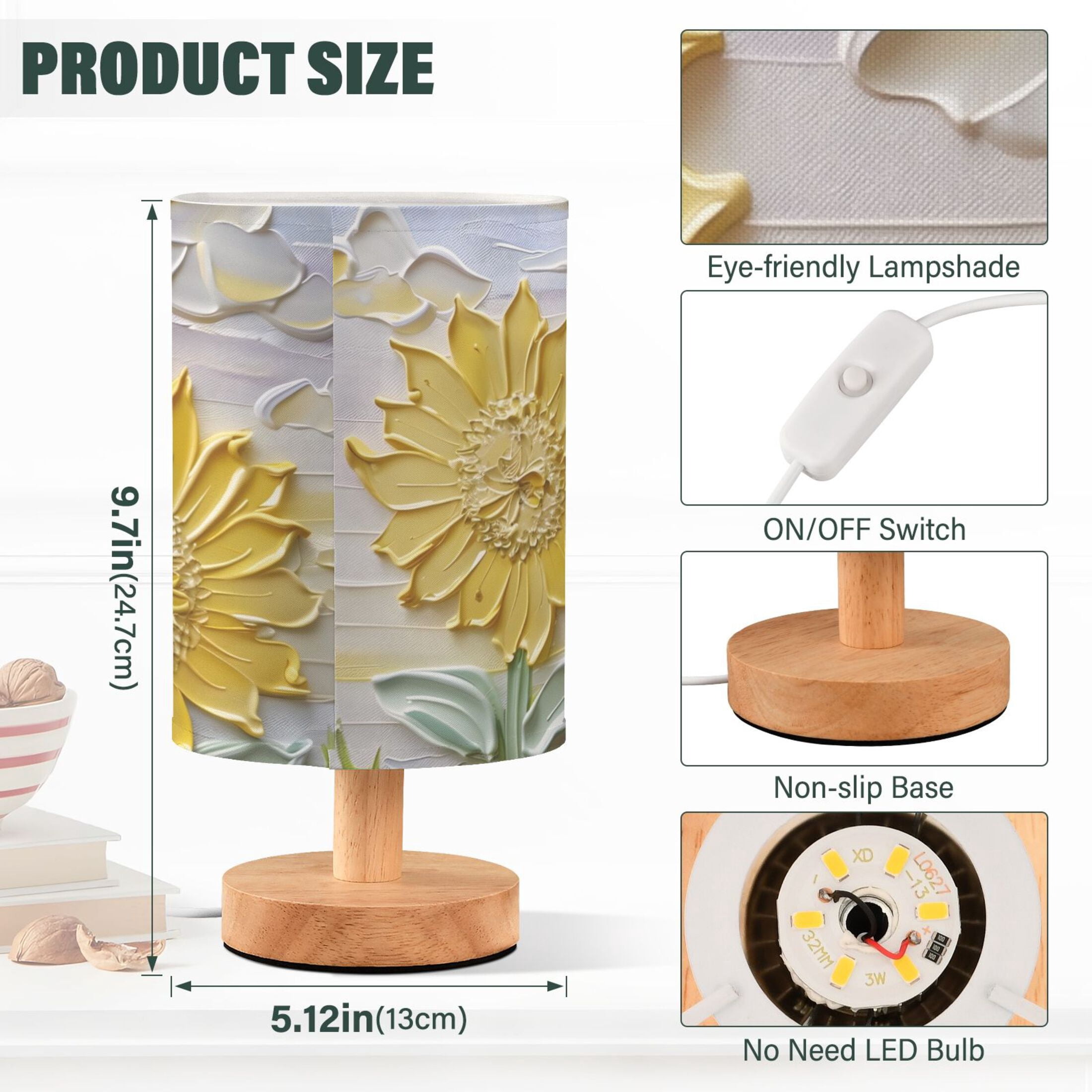 Sunflowers 3d Embossed Oil Painting Table Lamp with USB Port LED Warm Light Lamp Night Light Home Decor