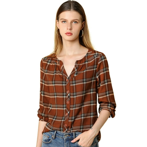 INSPIRE CHIC Camisa vintage abotonada para mujer Blusa a cuadros con cuello dividido Tops marrón XS