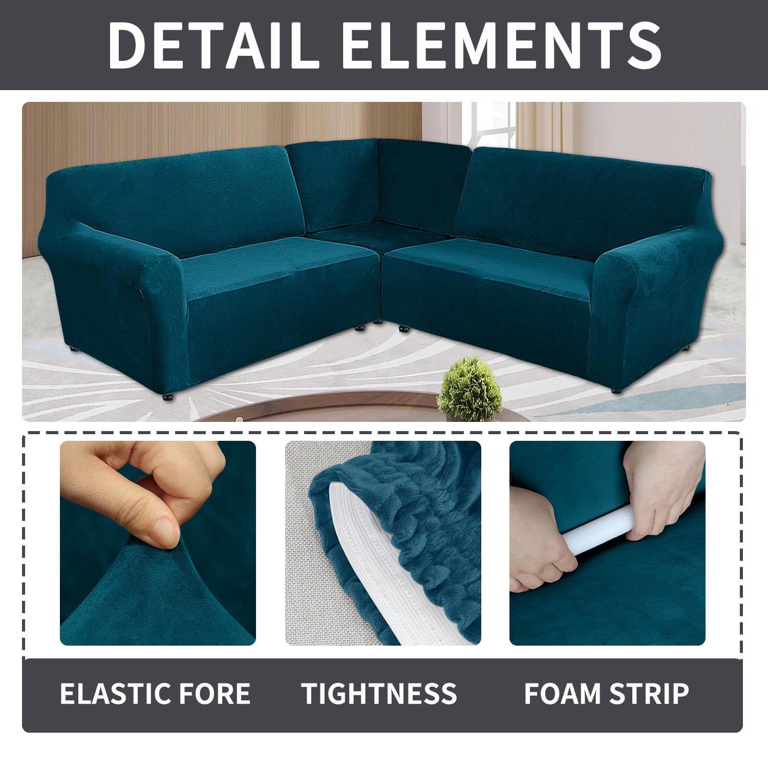 Eurhowing 5-Seater L-Shaped Sofa Cover, Stretch Velvet Soft Couch Slipcover for Sectional Corner Sofa, Non-Slip Furniture Protector, Dark Blue