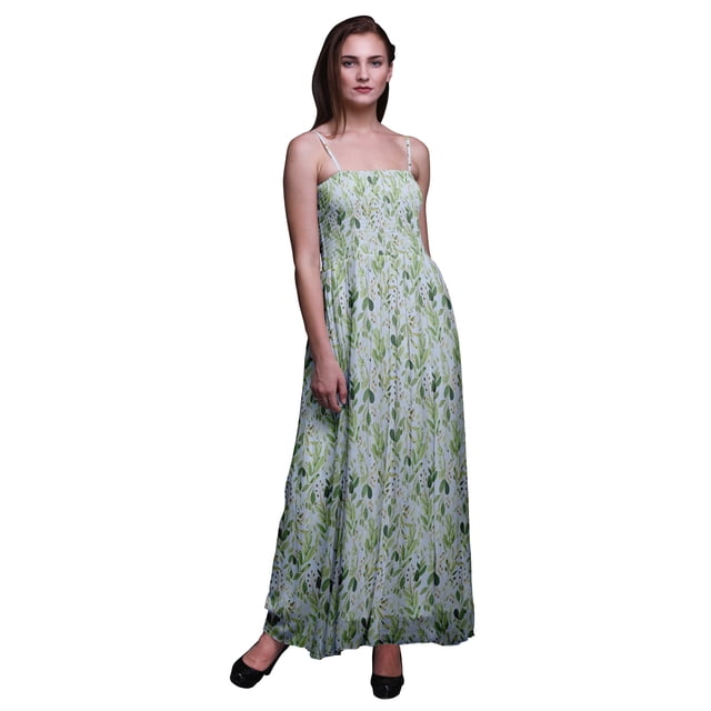 Bimba Robe Longue Maxi Tube à Smocks Imprimé Feuilles de Bleuet pour Femmes - Très Petit