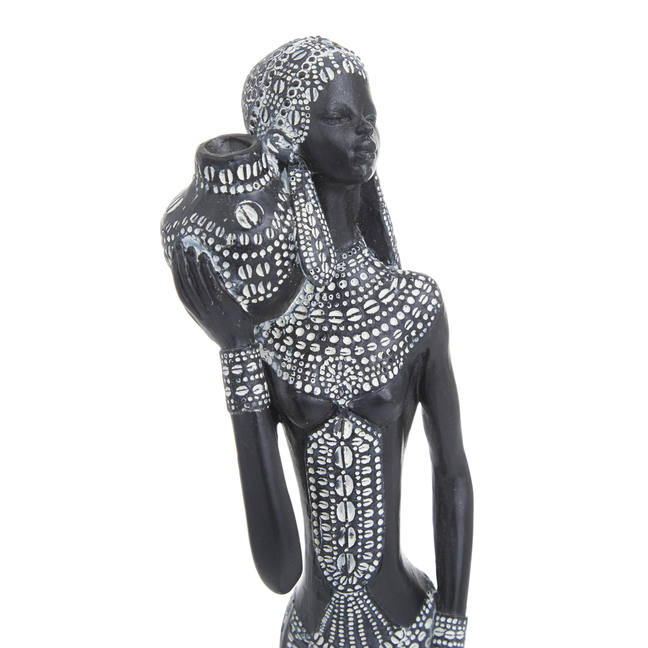 3"W, 14"H Black Polystone Standing African Woman Sculpture with Intricate Details, by DecMode (2 Count)