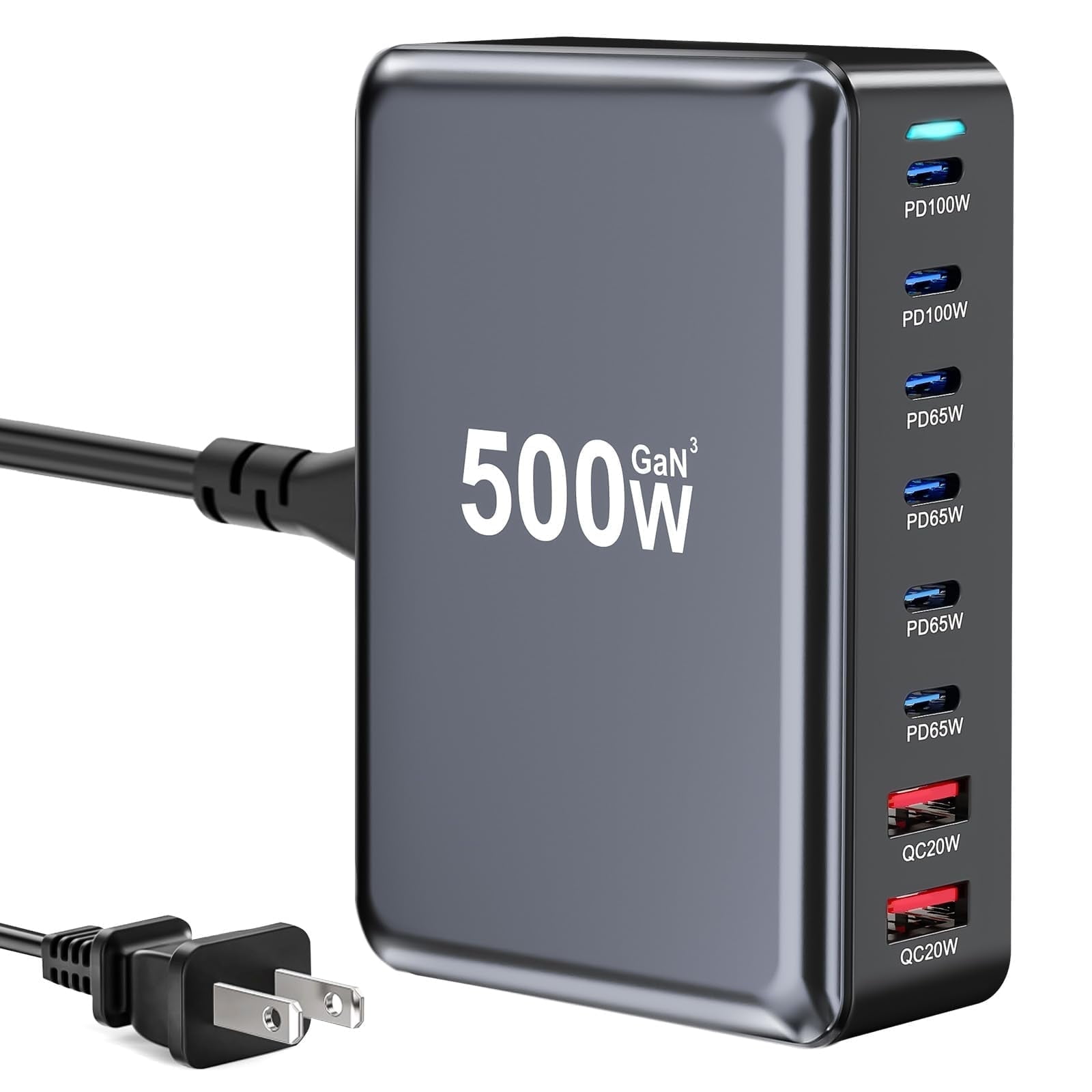 500W GaN Desktop Charging Station with 8 Ports, 6 USB-C and 2 USB-A Fast Charger for Laptops and Smartphones