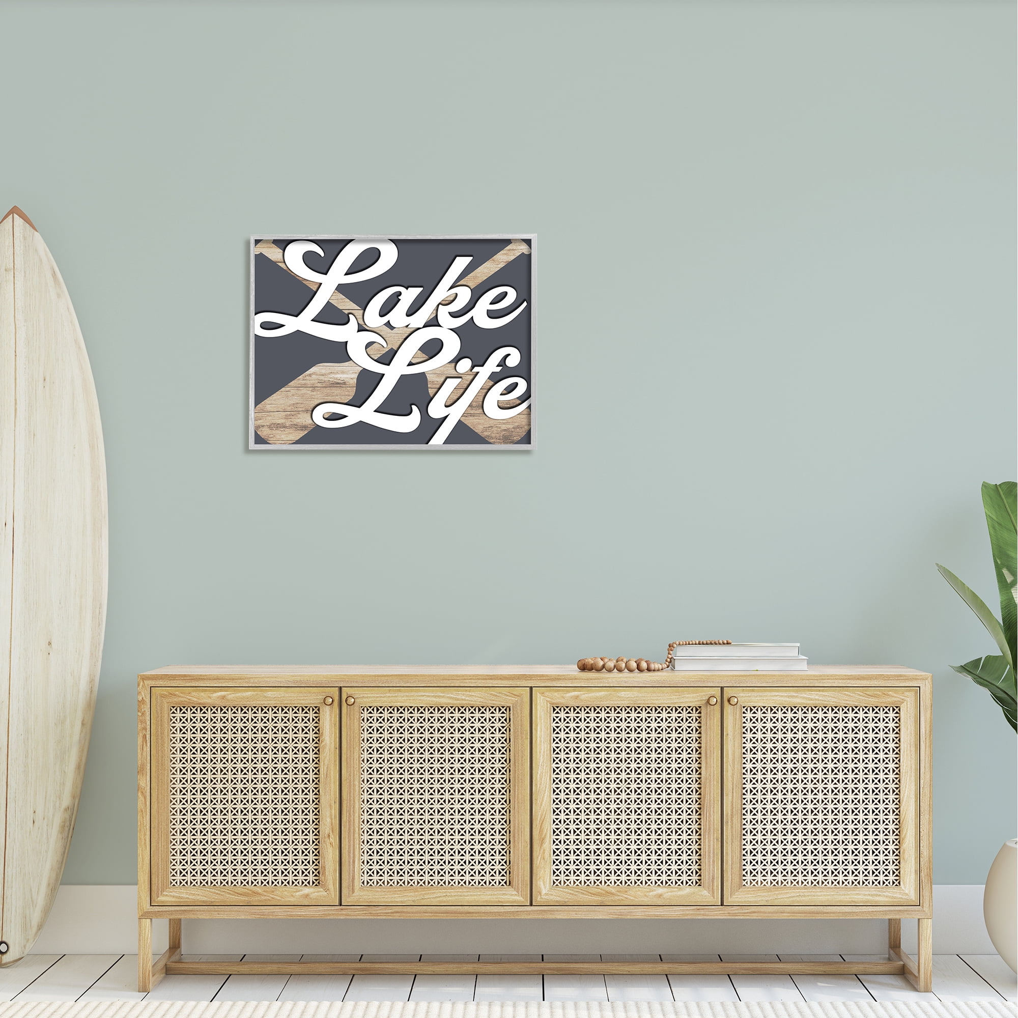 Stupell Lake Life Crossed Boating Oars Landscape Painting Gray Framed Art Print Wall Art